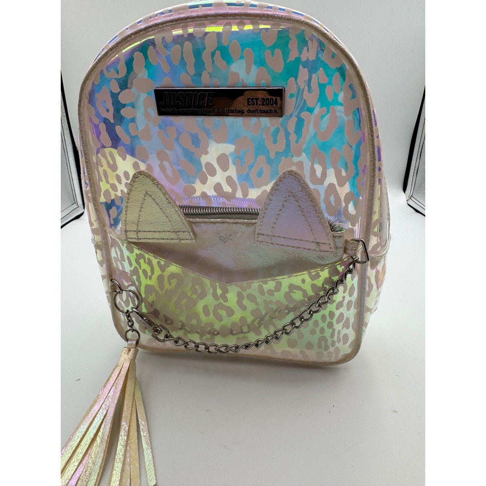 Justice Girls Iridescent Holographic Leopard Mini Backpack Cat Ears Tassel Chain